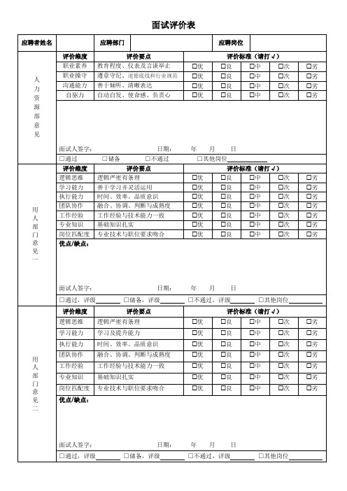 模板-面试评价表