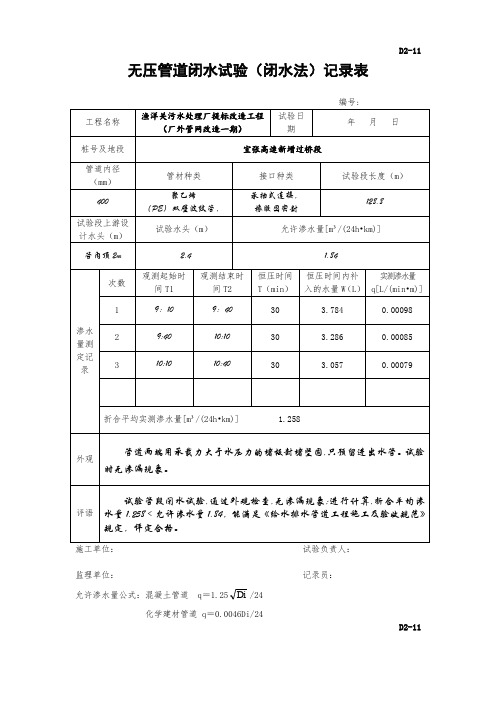 D2-11无压管道闭水试验记录表