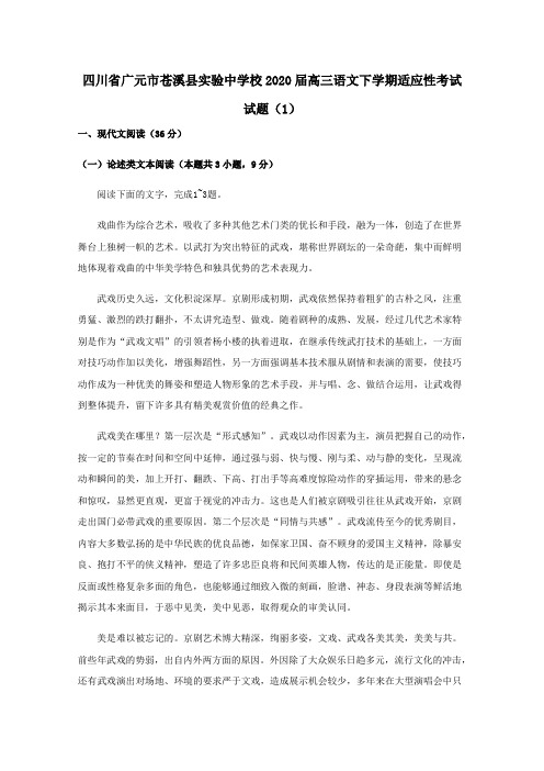 四川省广元市苍溪县实验中学校2020届高三语文下学期适应性考试试题1