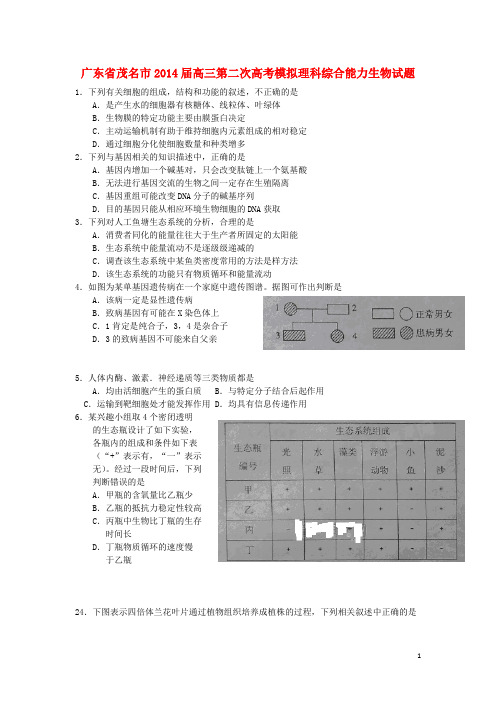 广东省茂名市高三生物第二次模拟试题(茂名二模)新人教版(1)