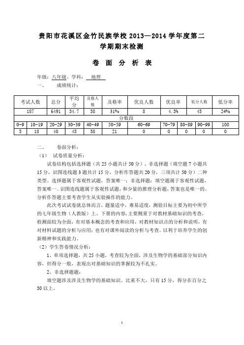 卷  面  分  析  表(初二地理)