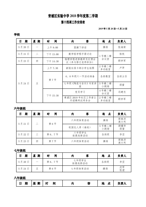 青浦区实验中学2018学年度第二学期第十四周工作安排表.doc