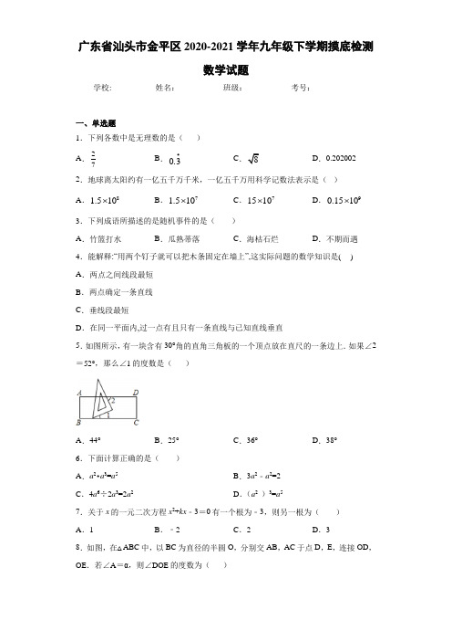 广东省汕头市金平区2020-2021学年九年级下学期摸底检测数学试题