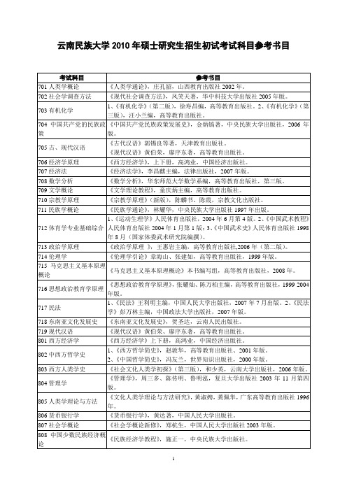 云南民族大学2010年硕士研究生招生初试考试科目参考书...