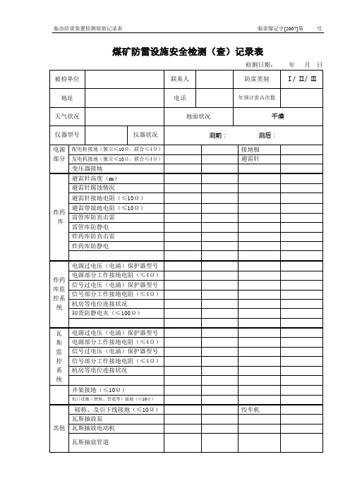 煤矿防雷设施安全检测(查)记录表