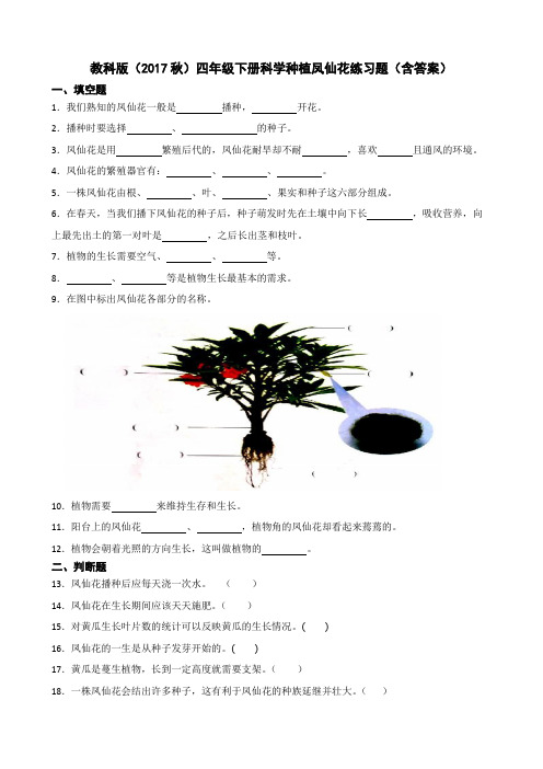 教科版(2017秋)四年级下册科学种植凤仙花练习题(含答案)