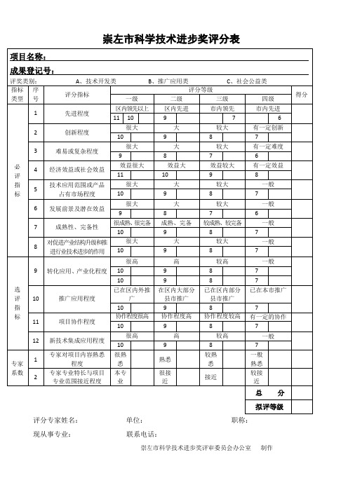 崇左市科技进步奖评分表