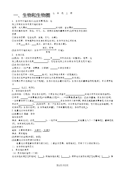 人教版七年级生物上册复习提纲(背诵版)(Word版,无答案)