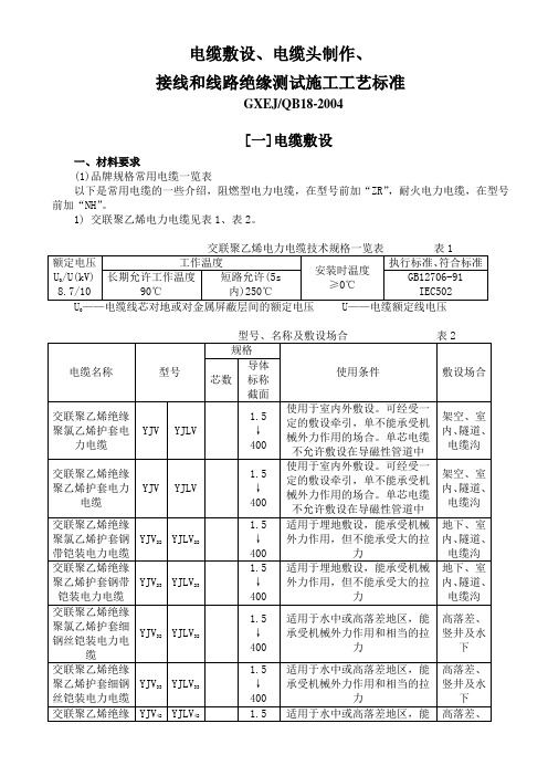 电缆敷设、电缆头制作、接线和线路绝缘测试施工工艺