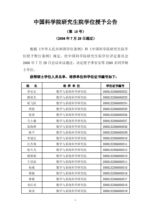 中国科学院研究生院学位授予公告