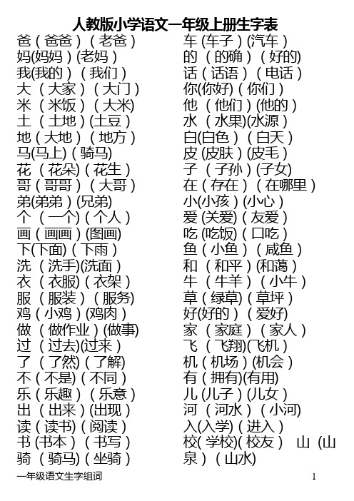 人教版语文一年级上、下册全部生字组词