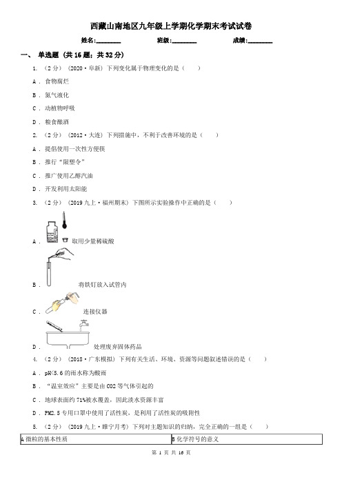 西藏山南地区九年级上学期化学期末考试试卷