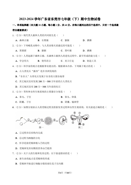 2023-2024学年广东省东莞市七年级(下)期中生物试卷