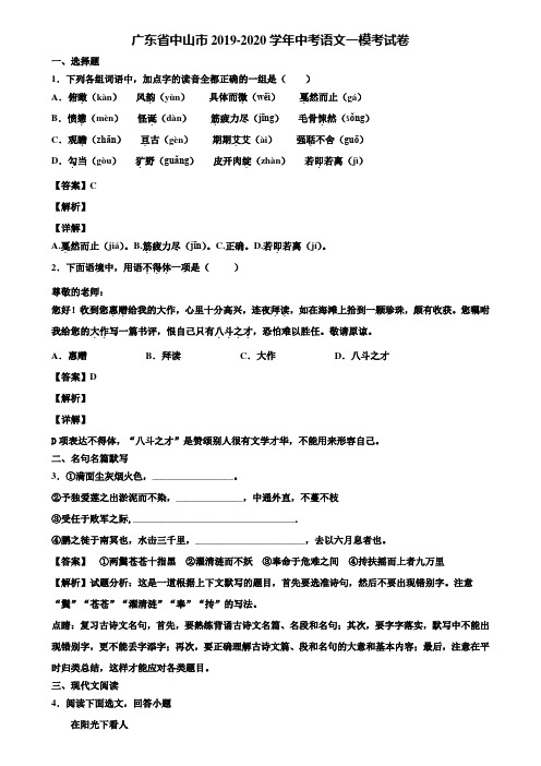 广东省中山市2019-2020学年中考语文一模考试卷含解析