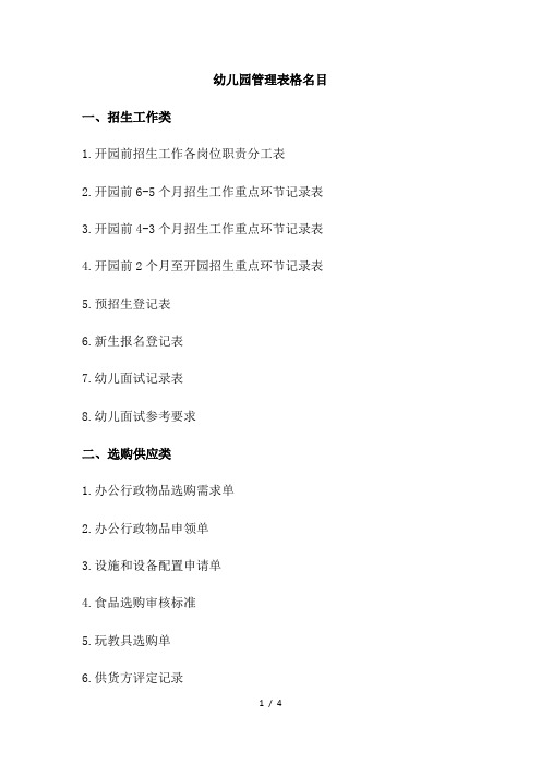 幼儿园管理表格目录