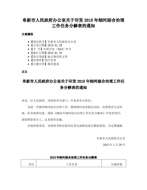 阜新市人民政府办公室关于印发2015年细河综合治理工作任务分解表的通知