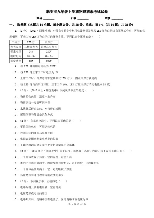 泰安市九年级上学期物理期末考试试卷