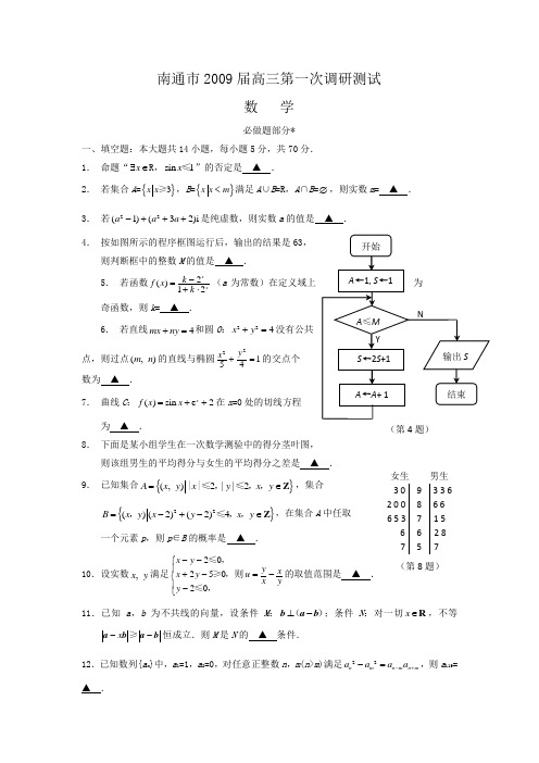 江苏省南通市2009届高三第一次调研测试数学试题