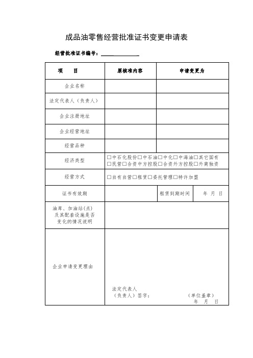 成品油零售经营批准证书变更申请表