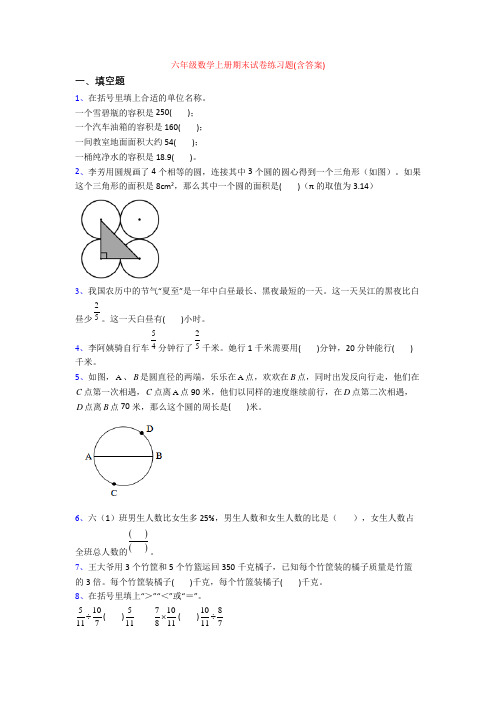 六年级数学上册期末试卷练习题(含答案)