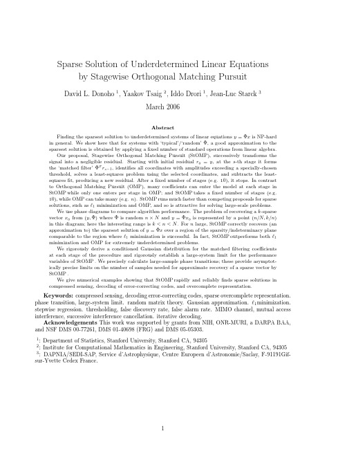 Sparse solution of underdetermined systems of linear equations by stagewise orthogonal matching