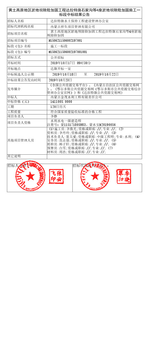 标段中标结果公告