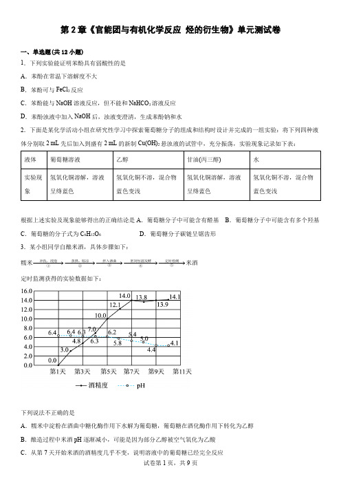 第2章《官能团与有机化学反应烃的衍生物》单元测试卷--高二下学期化学鲁科版(2019)选择性必修3