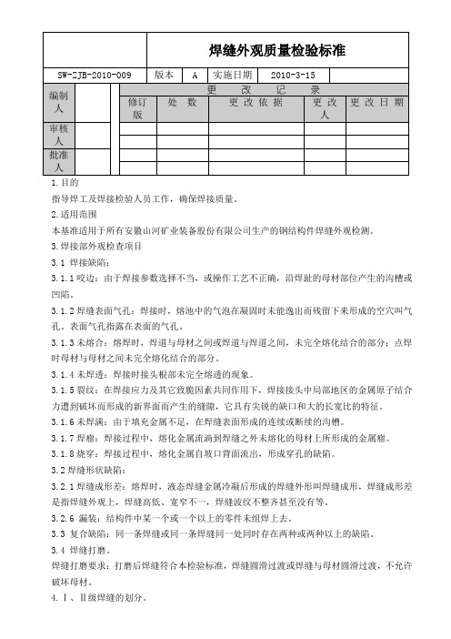 焊缝外观质量检验标准