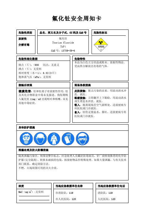 氟化钍安全周知卡、职业危害告知卡、理化特性表