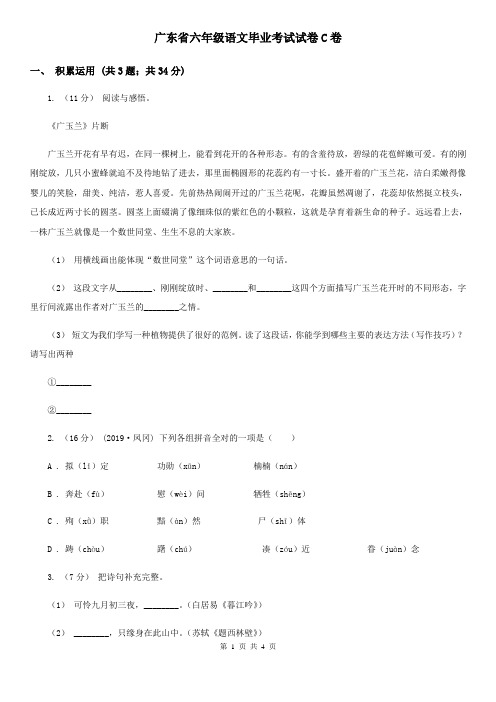 广东省六年级语文毕业考试试卷C卷