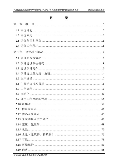 内蒙古远兴能源股份有限公司60万吨年半焦及煤粉煤气综合利用项目设立安全评价报告