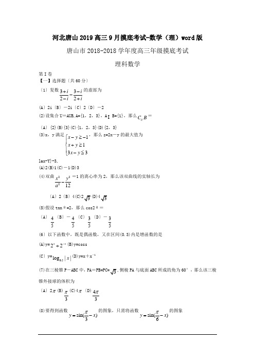 河北唐山2019高三9月摸底考试-数学(理)word版