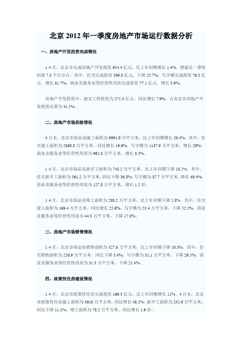 北京2012年一季度房地产市场运行数据分析