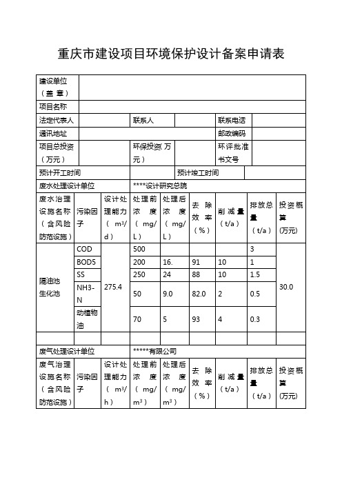 重庆市建设项目环境保护设计备案申请表(模板)