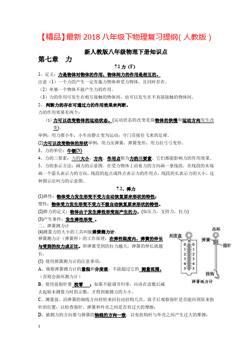 【精品】最新2018八年级下物理复习提纲(人教版)