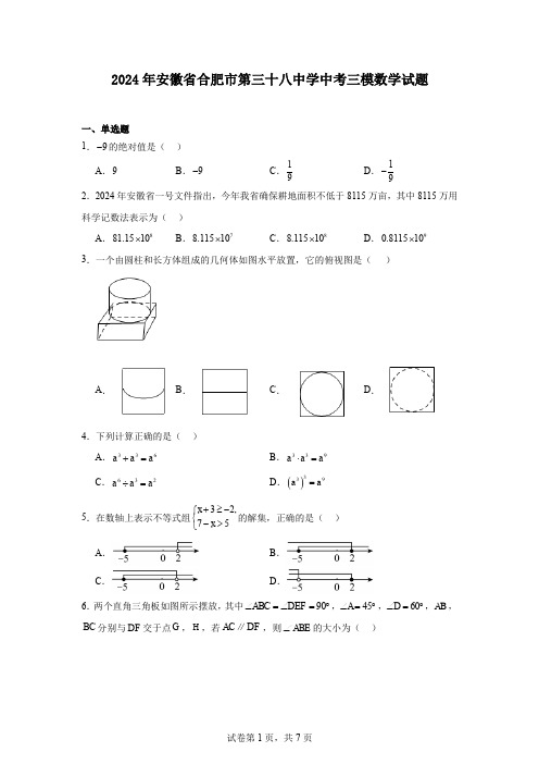 2024年安徽省合肥市第三十八中学中考三模数学试题