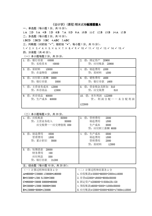 会计学A标准答案