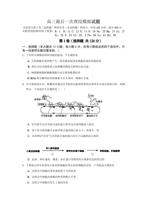 2012年乌鲁木齐地区高三第三次诊断性测验理科综合试卷