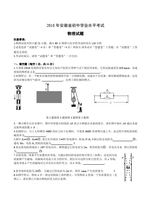 2018年安徽省初中学业水平考试物理试题(附答案)