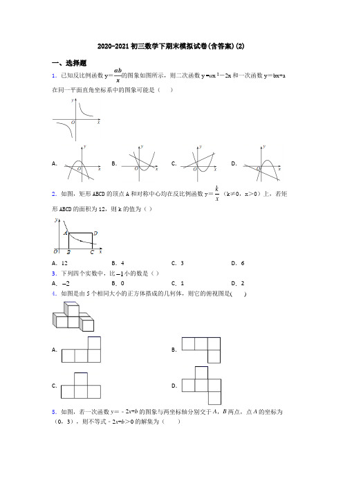 2020-2021初三数学下期末模拟试卷(含答案)(2)