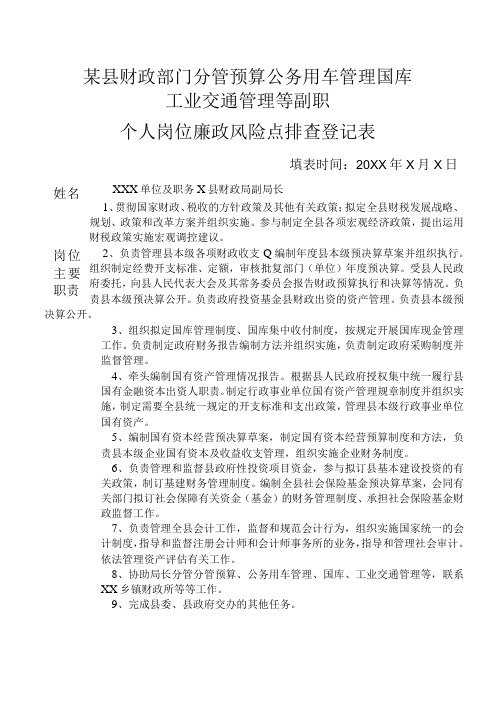 某县财政部门分管预算公务用车管理国库工业交通管理等副职个人岗位廉政风险点排查登记表