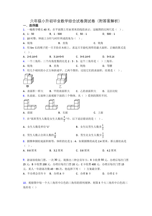 六年级小升初毕业数学综合试卷测试卷(附答案解析)