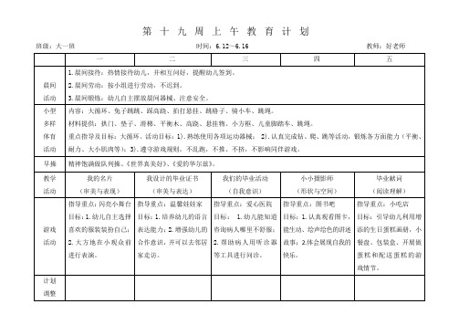 大班下学期 上下午计划 第十九周