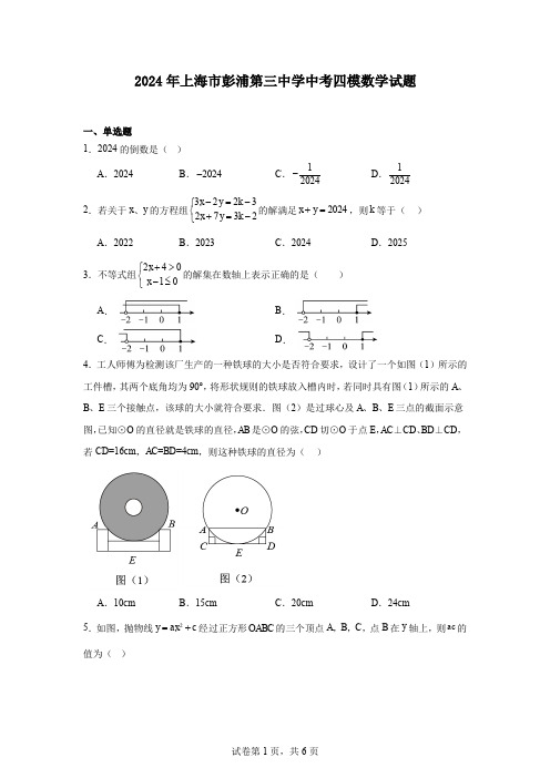 2024年上海市彭浦第三中学中考四模数学试题