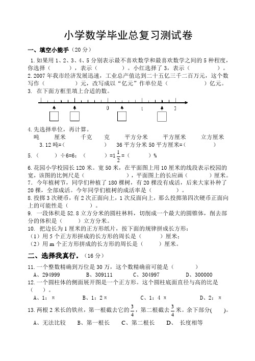 新人教版小学数学毕业总复习测试卷(含答案)