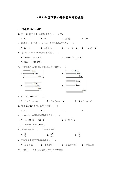 2020年苏教版小升初数学模拟试卷8有详细解析答案