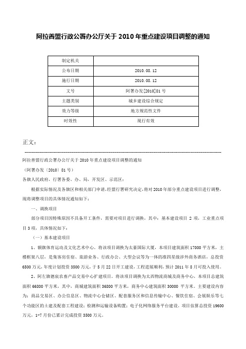 阿拉善盟行政公署办公厅关于2010年重点建设项目调整的通知-阿署办发[2010]81号