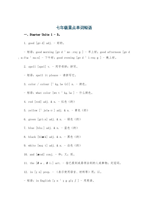 七年级重点单词短语