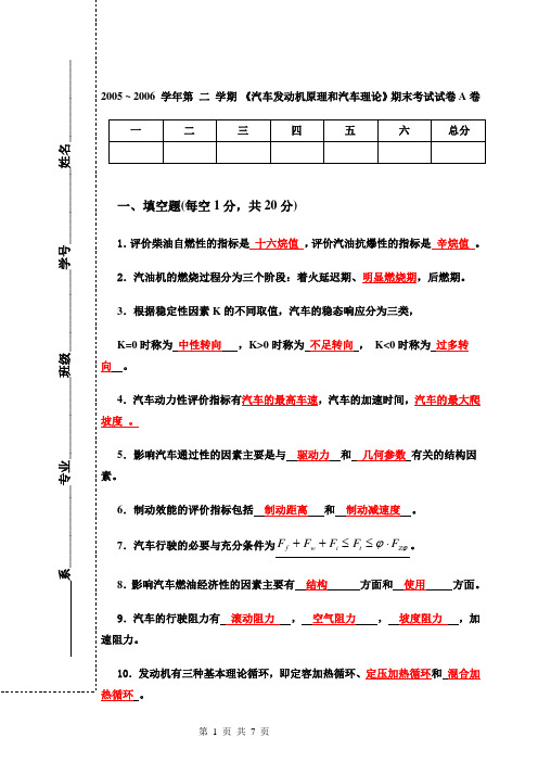 汽车发动机原理和汽车理论期末试卷A卷答案