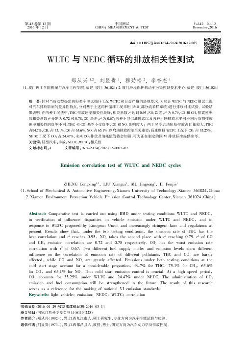 WLTC 与 NEDC 循环的排放相关性测试